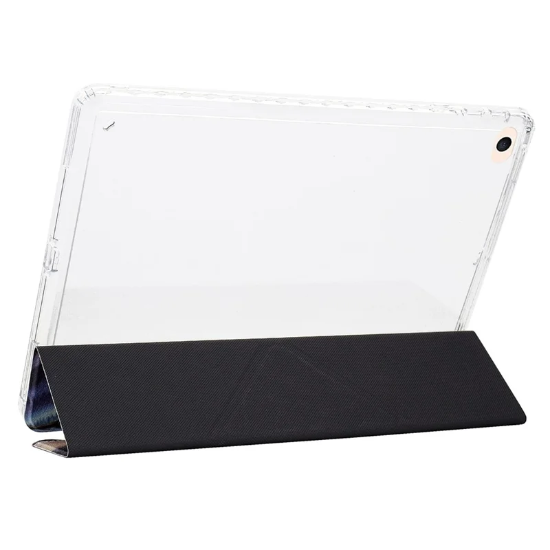 Custodia per Tablet iPad 9,7 pollici (2018) / (2017) / Air 2 / Air (2013), Cover in Pelle con Supporto Pieghevole a Y e Stampa a Motivi + Retro in Acrilico Trasparente - Lupo Fantasma