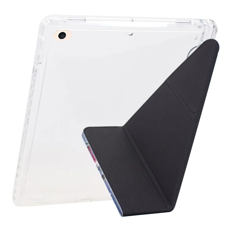 Custodia per Tablet iPad 9,7 pollici (2018) / (2017) / Air 2 / Air (2013), Cover in Pelle con Supporto Pieghevole a Y e Stampa a Motivi + Retro in Acrilico Trasparente - Lupo Fantasma