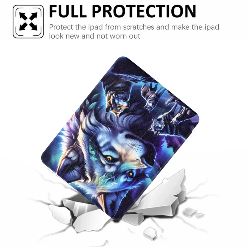 Custodia per Tablet iPad 9,7 pollici (2018) / (2017) / Air 2 / Air (2013), Cover in Pelle con Supporto Pieghevole a Y e Stampa a Motivi + Retro in Acrilico Trasparente - Lupo Fantasma