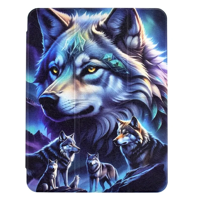 Custodia per Tablet iPad 9,7 pollici (2018) / (2017) / Air 2 / Air (2013), Cover in Pelle con Supporto Pieghevole a Y e Stampa a Motivi + Retro in Acrilico Trasparente - Lupo Fantasma