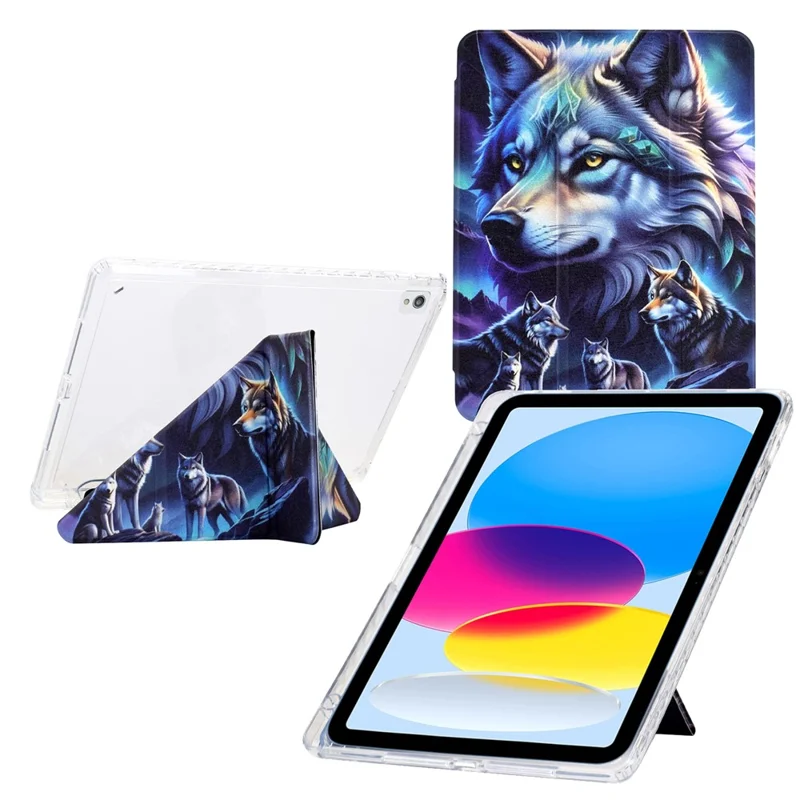Étui pour tablette iPad 10,2 (2020) / (2019) / Air 10,5 pouces (2019), Support Y-Fold avec motif imprimé en cuir + Couverture acrylique transparente - Loup Fantôme