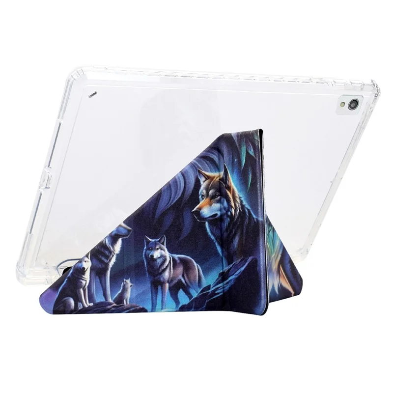 Étui pour tablette iPad 10,2 (2020) / (2019) / Air 10,5 pouces (2019), Support Y-Fold avec motif imprimé en cuir + Couverture acrylique transparente - Loup Fantôme