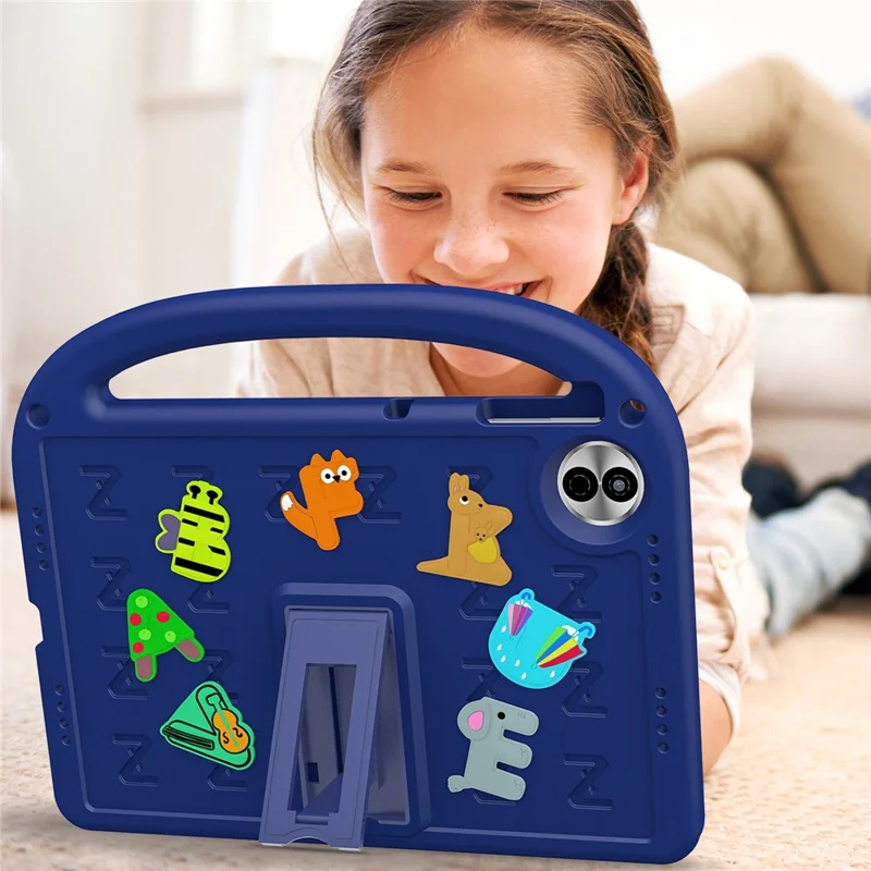 For Honor Pad 10 Kickstand Case Cartoon Design Anti-Drop EVA+PC Tablet Cover with Strap for Kids - Navy Blue