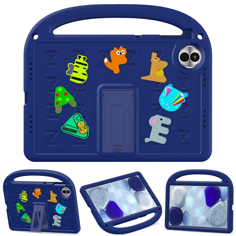 For Honor Pad 10 Kickstand Case Cartoon Design Anti-Drop EVA+PC Tablet Cover with Strap for Kids - Navy Blue
