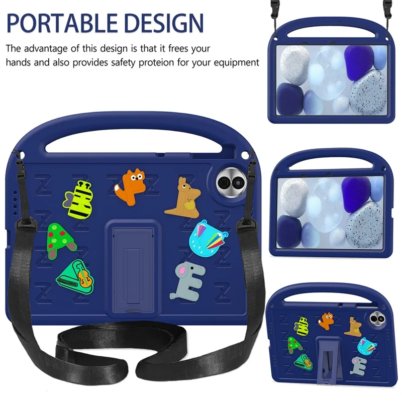 For Honor Pad 10 Kickstand Case Cartoon Design Anti-Drop EVA+PC Tablet Cover with Strap for Kids - Navy Blue