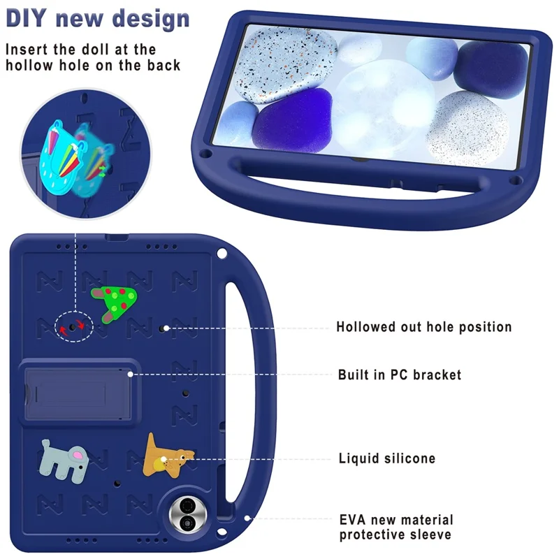 For Honor Pad 10 Kickstand Case Cartoon Design Anti-Drop EVA+PC Tablet Cover with Strap for Kids - Navy Blue