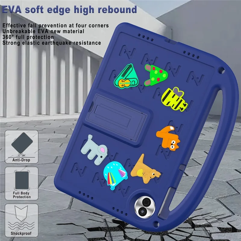 For Honor Pad 10 Kickstand Case Cartoon Design Anti-Drop EVA+PC Tablet Cover with Strap for Kids - Navy Blue