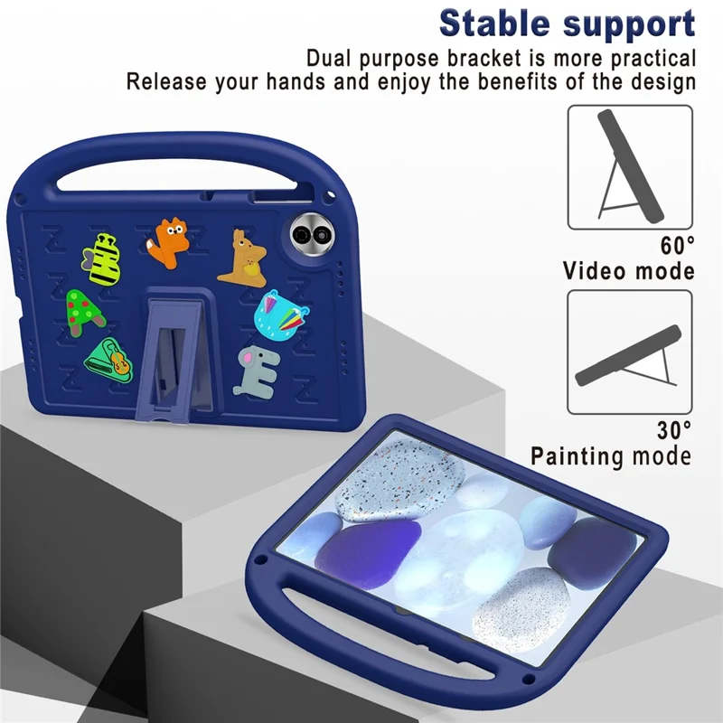 For Honor Pad 10 Kickstand Case Cartoon Design Anti-Drop EVA+PC Tablet Cover with Strap for Kids - Navy Blue