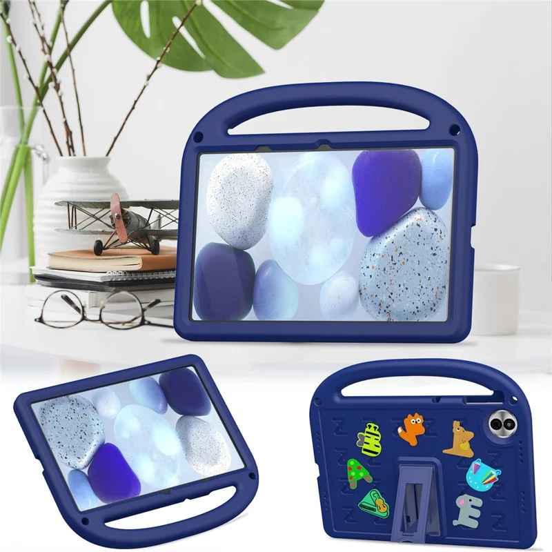 For Honor Pad 10 Kickstand Case Cartoon Design Anti-Drop EVA+PC Tablet Cover with Strap for Kids - Navy Blue