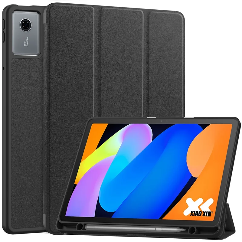 For Lenovo Idea Tab (TB336ZU  /  TB336FU)  /  Xiaoxin Pad 11 2025 Stand Case Shock-Absorbent Leather Tablet Cover with Pen Slot - Black