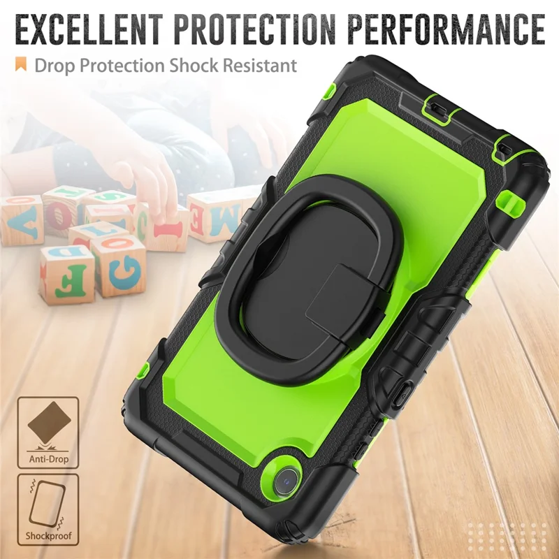 Funda con anilla y soporte para Lenovo Tab K9 TB305FU - Cubierta protectora antigolpes de PC + Silicona - Negro / Verde amarillento