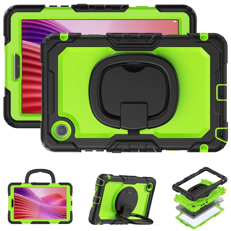 Funda con anilla y soporte para Lenovo Tab K9 TB305FU - Cubierta protectora antigolpes de PC + Silicona - Negro / Verde amarillento