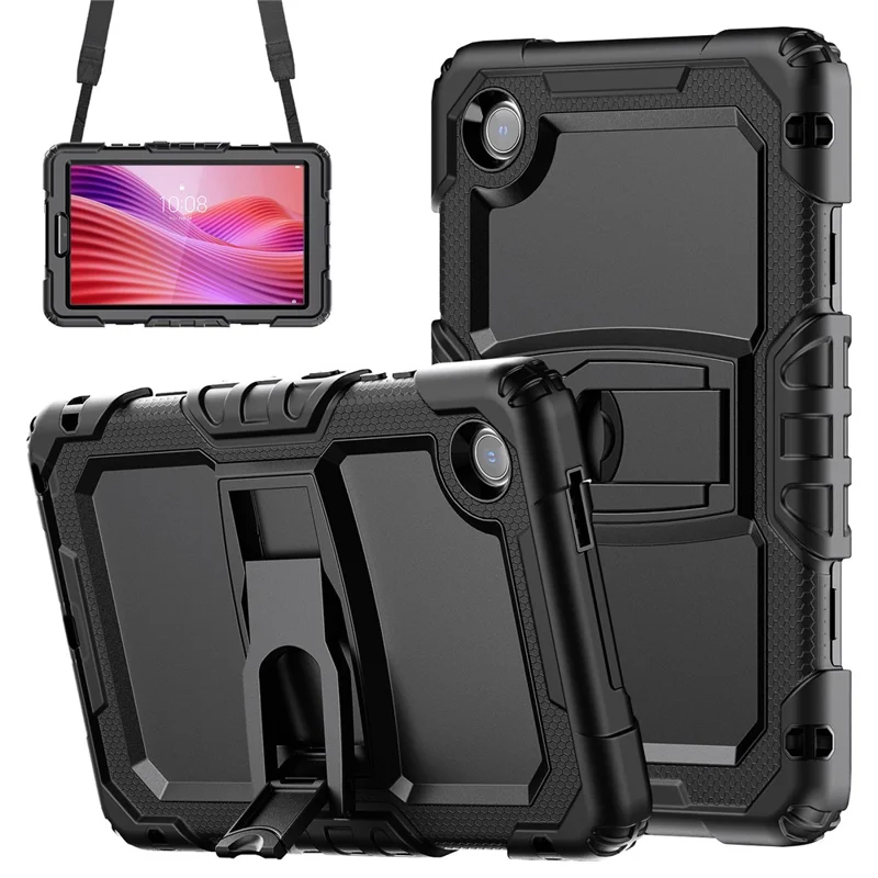 For Lenovo Tab K9 TB305FU Case with Shoulder Strap Kickstand PC + Silicone Shockproof Tablet Cover - Black