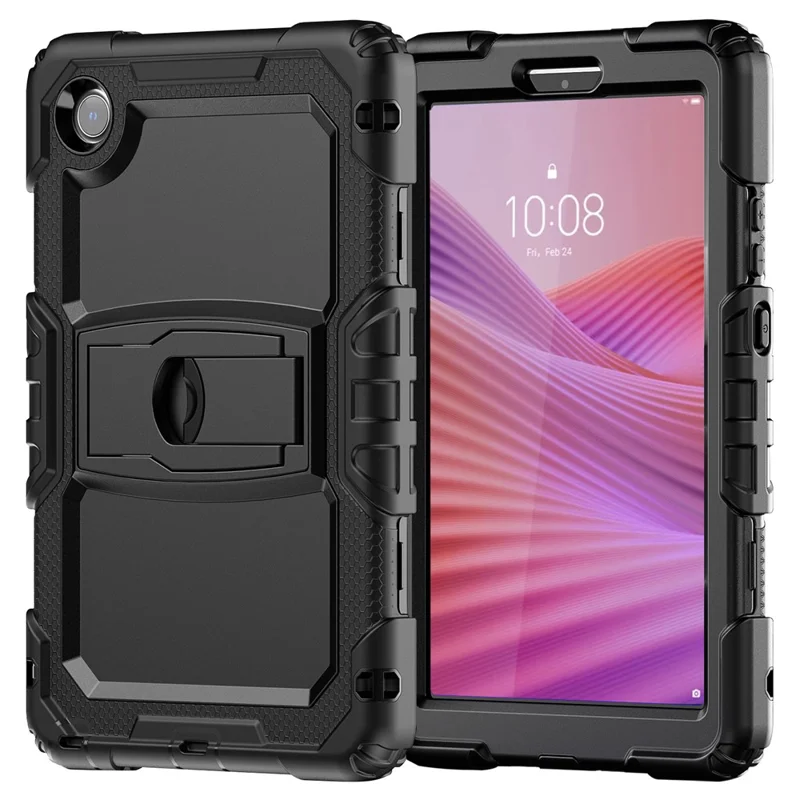 For Lenovo Tab K9 TB305FU Case with Shoulder Strap Kickstand PC + Silicone Shockproof Tablet Cover - Black