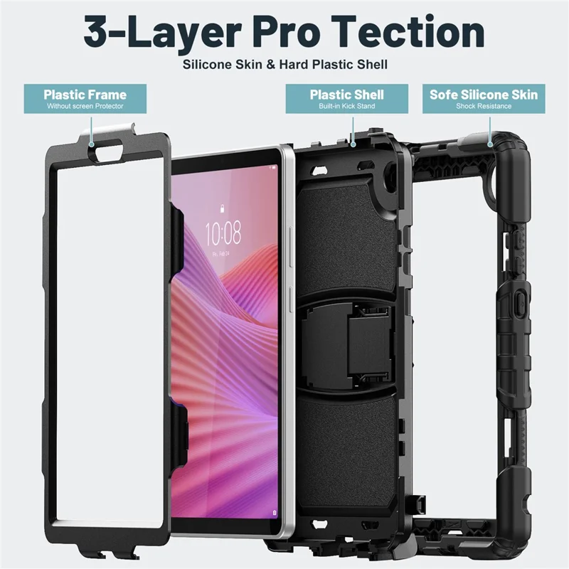 For Lenovo Tab K9 TB305FU Case with Shoulder Strap Kickstand PC + Silicone Shockproof Tablet Cover - Black