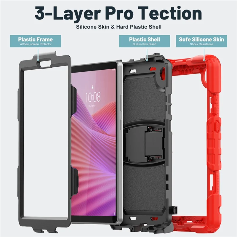For Lenovo Tab K9 TB305FU Case with Shoulder Strap Kickstand PC + Silicone Shockproof Tablet Cover - Red