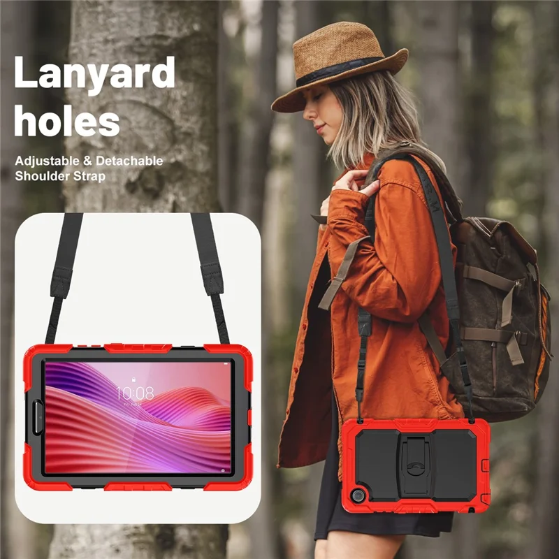 For Lenovo Tab K9 TB305FU Case with Shoulder Strap Kickstand PC + Silicone Shockproof Tablet Cover - Red