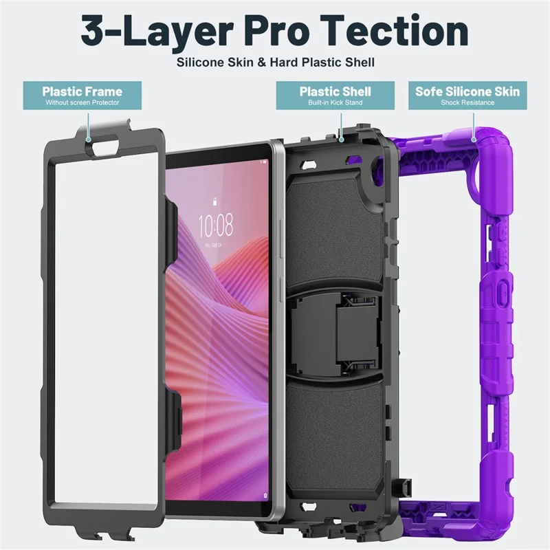 Funda para Lenovo Tab K9 TB305FU con Correa para el Hombro y Soporte Plegable, Carcasa Rígida + Silicona Antigolpes - Morado