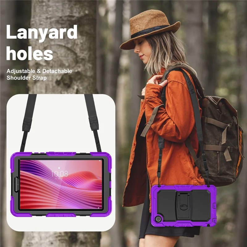 Funda para Lenovo Tab K9 TB305FU con Correa para el Hombro y Soporte Plegable, Carcasa Rígida + Silicona Antigolpes - Morado