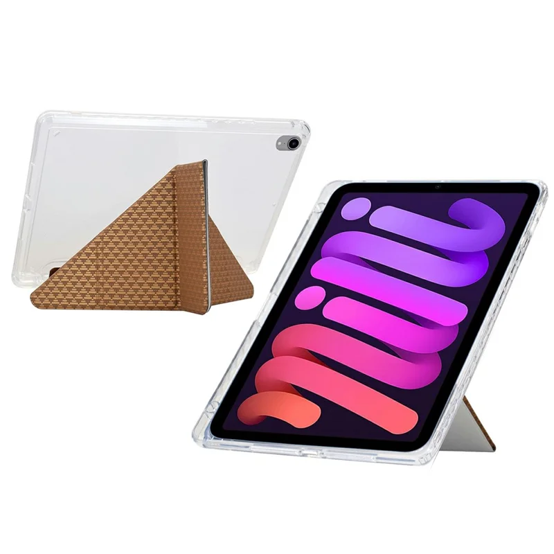 For iPad mini (2024) / (2021) Case Y-Fold Stand Pyramid-Patterned Leather + Clear Acrylic Tablet Cover with Pencil Holder - Gold