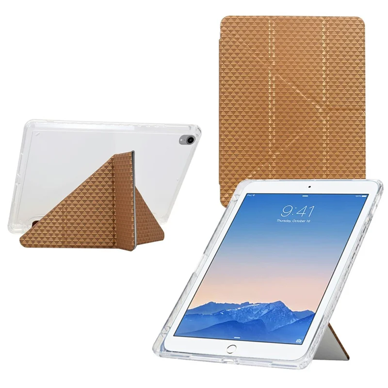Funda para Tablet para iPad 9,7 pulgadas (2018) / (2017) / Air 2 / Air (2013), Soporte Plegable en Y con Patrón Piramidal de Cuero + Cubierta de Acrílico Transparente - Dorado