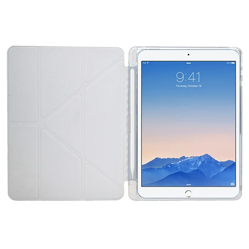 Funda para Tablet para iPad 9,7 pulgadas (2018) / (2017) / Air 2 / Air (2013), Soporte Plegable en Y con Patrón Piramidal de Cuero + Cubierta de Acrílico Transparente - Dorado