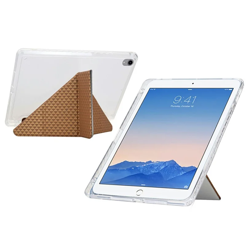 Funda para Tablet para iPad 9,7 pulgadas (2018) / (2017) / Air 2 / Air (2013), Soporte Plegable en Y con Patrón Piramidal de Cuero + Cubierta de Acrílico Transparente - Dorado