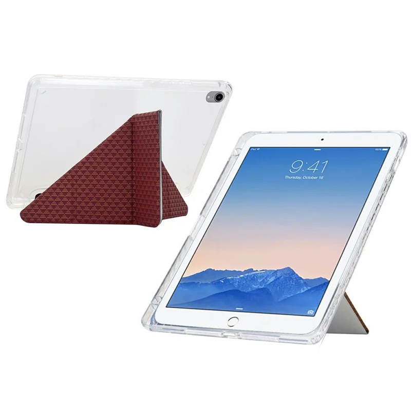 Tablet Case For iPad 9.7-inch (2018) / (2017) / Air 2 / Air (2013) , Y-Fold Stand Pyramid-patterned Leather + Clear Acrylic Cover - Red