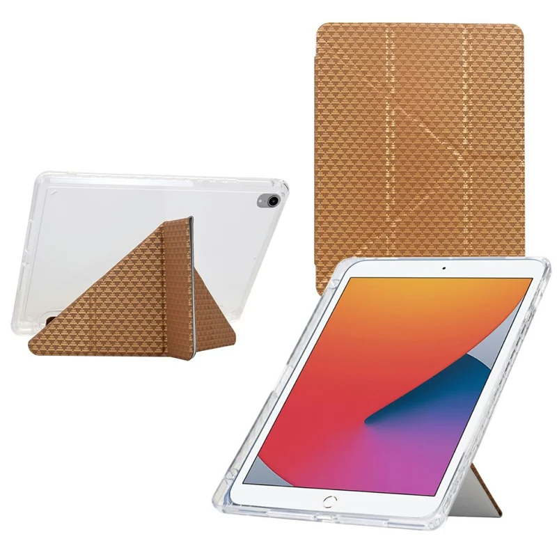 Funda para Tablet para iPad 10.2 (2020) / (2019) / Air 10.5 pulgadas (2019), Soporte Plegable en Y con Cuero Estampado Piramidal + Tapa de Acrílico Transparente - Dorado