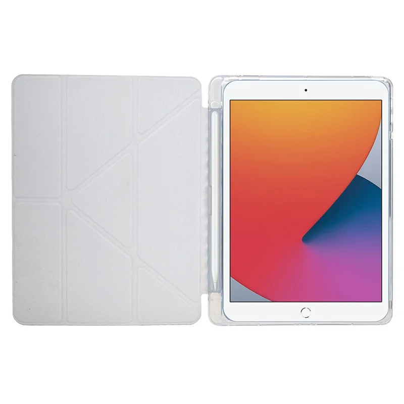 Funda para Tablet para iPad 10.2 (2020) / (2019) / Air 10.5 pulgadas (2019), Soporte Plegable en Y con Cuero Estampado Piramidal + Tapa de Acrílico Transparente - Dorado
