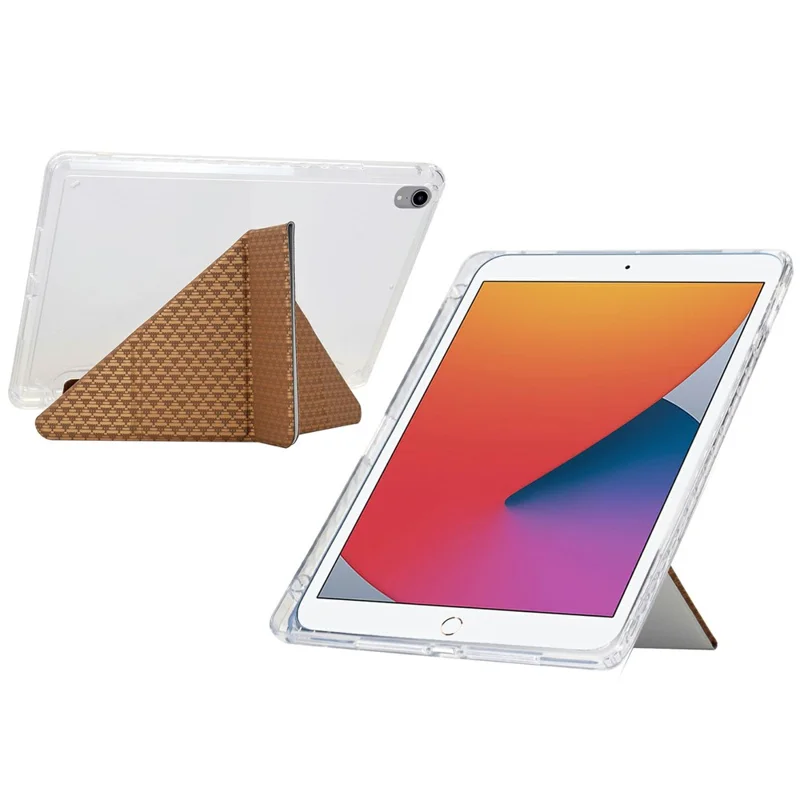 Funda para Tablet para iPad 10.2 (2020) / (2019) / Air 10.5 pulgadas (2019), Soporte Plegable en Y con Cuero Estampado Piramidal + Tapa de Acrílico Transparente - Dorado