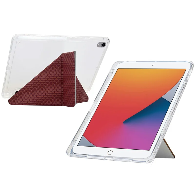 Tablet Case For iPad 10.2 (2020) / (2019) / Air 10.5 inch (2019) , Y-Fold Stand Pyramid-Patterned Leather + Clear Acrylic Cover - Red