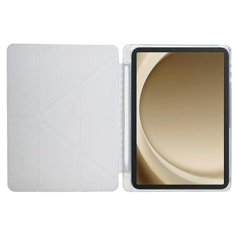 For Samsung Galaxy Tab A9+ Case Y-Fold Stand Pyramid-Patterned Leather + Clear Acrylic Tablet Cover with Pencil Holder - Gold