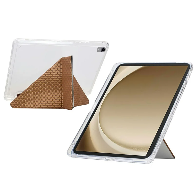For Samsung Galaxy Tab A9+ Case Y-Fold Stand Pyramid-Patterned Leather + Clear Acrylic Tablet Cover with Pencil Holder - Gold