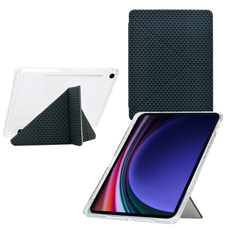 Tablet Case For Samsung Galaxy Tab S10 FE / Tab S9 FE / Tab S9 , Y-Fold Stand Pyramid-patterned Leather + Clear Acrylic Cover with Pencil Holder - Green
