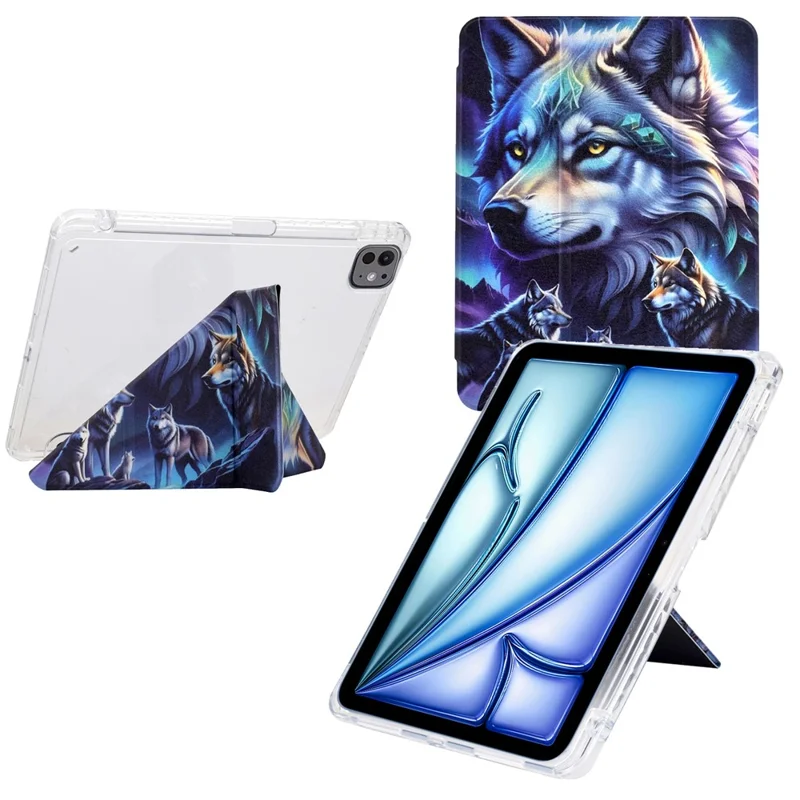 Cover per Tablet iPad Air 11 (2025) / (2024) / Air (2022) / (2022) / Pro 11 (2022) / (2021) / (2020) / (2018), Cover in Pelle con Motivo + Acrilico - Lupo Fantasma