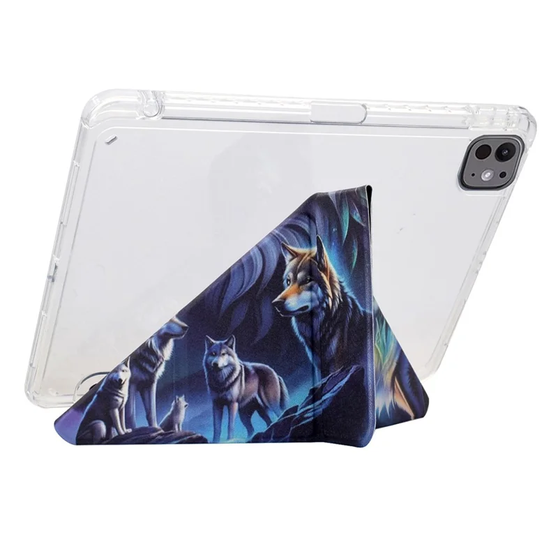 Hülle für iPad Pro 11 (2024) Y-Fold Ständer Muster Leder + Transparente Acryl Tablet-Schutzhülle mit Stifthalter - Phantom Wolf