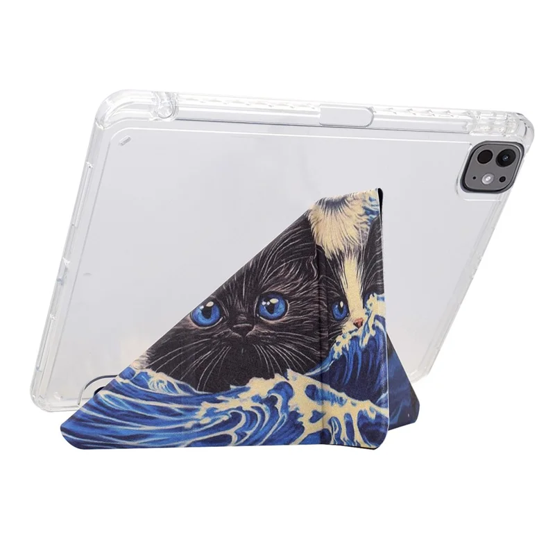 For iPad Pro 11 (2025) / (2024) Case Y-Fold Stand Pattern Print Leather + Clear Acrylic Tablet Cover with Pencil Holder - Cats