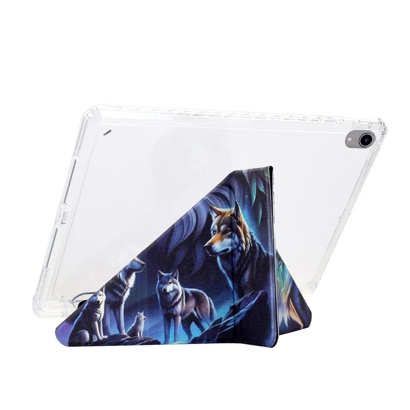 For iPad (2025) / 10.9 (2022) Case Y-Fold Stand Pattern Print Leather + Clear Acrylic Tablet Cover with Pencil Holder - Phantom Wolf