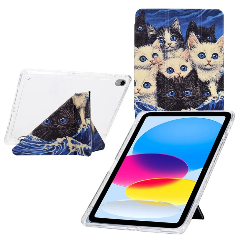 For iPad (2025) / 10.9 (2022) Case Y-Fold Stand Pattern Print Leather + Clear Acrylic Tablet Cover with Pencil Holder - Cats
