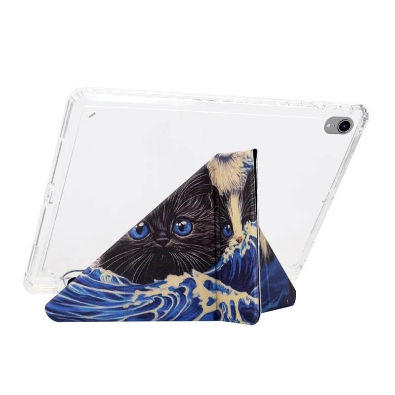 For iPad (2025) / 10.9 (2022) Case Y-Fold Stand Pattern Print Leather + Clear Acrylic Tablet Cover with Pencil Holder - Cats