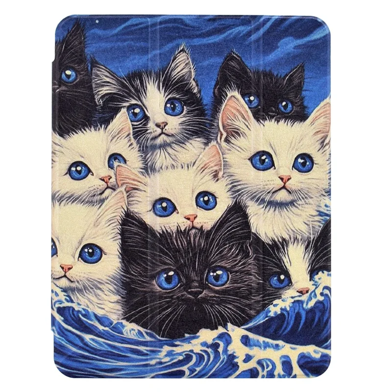 For iPad (2025) / 10.9 (2022) Case Y-Fold Stand Pattern Print Leather + Clear Acrylic Tablet Cover with Pencil Holder - Cats