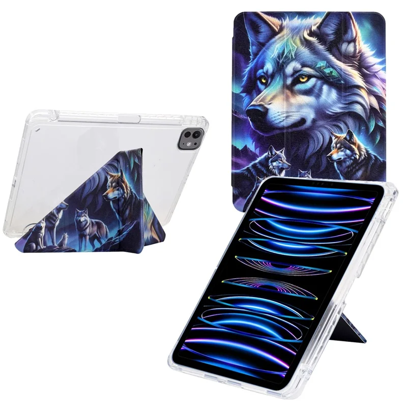 Tablet-Hülle für iPad Pro 12.9 (2022) / (2021) / (2020) / (2018), Ständer mit Muster Leder + Transparente Acryl-Abdeckung mit Stifthalter - Phantom Wolf