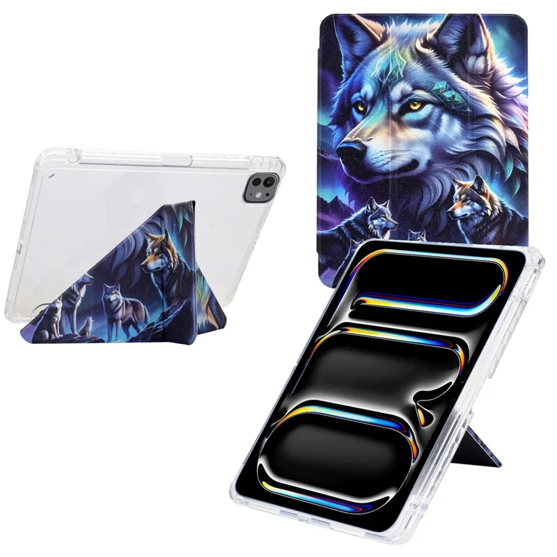 Funda para iPad Pro 13 (2024) con Soporte Plegable en Y, Estampado, de Cuero + Tapa de Acrílico Transparente con Portabolígrafos - Lobo Fantasma