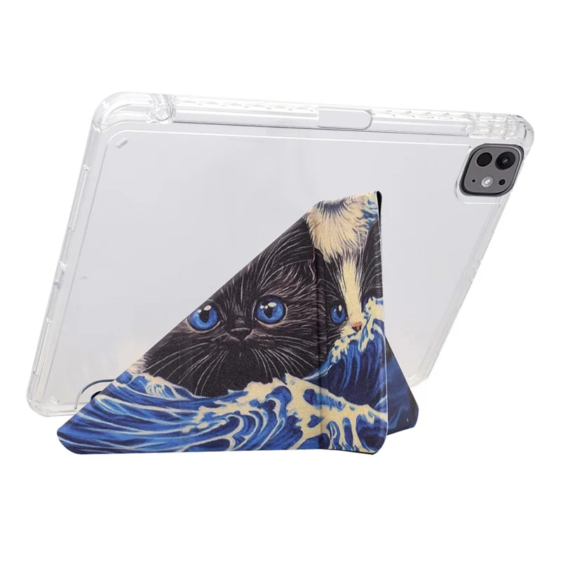 For iPad Pro 13 (2024) Case Y-Fold Stand Pattern Print Leather + Clear Acrylic Tablet Cover with Pencil Holder - Cats