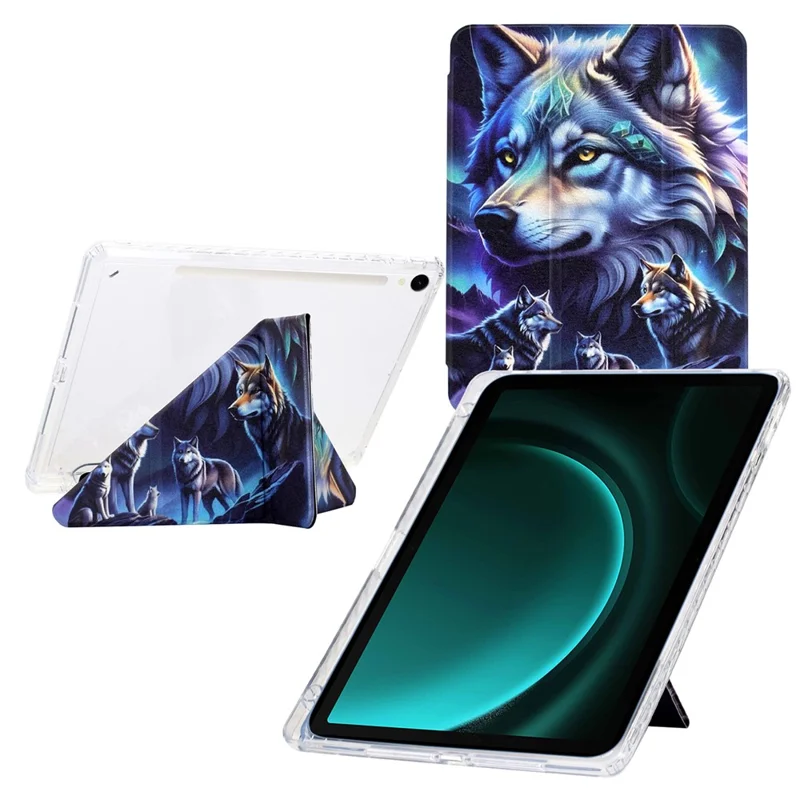 Tablet Case For Samsung Galaxy Tab S10 / S10 FE / S9 / S9 FE , Y-Fold Stand Pattern Print Leather + Clear Acrylic Cover with Pencil Holder - Phantom Wolf