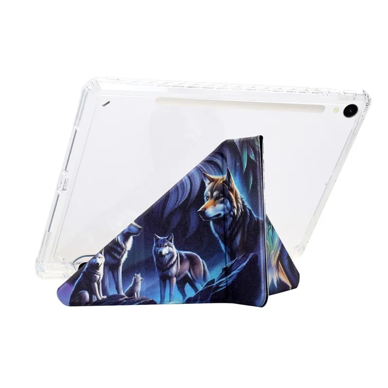 Tablet Case For Samsung Galaxy Tab S10 / S10 FE / S9 / S9 FE , Y-Fold Stand Pattern Print Leather + Clear Acrylic Cover with Pencil Holder - Phantom Wolf