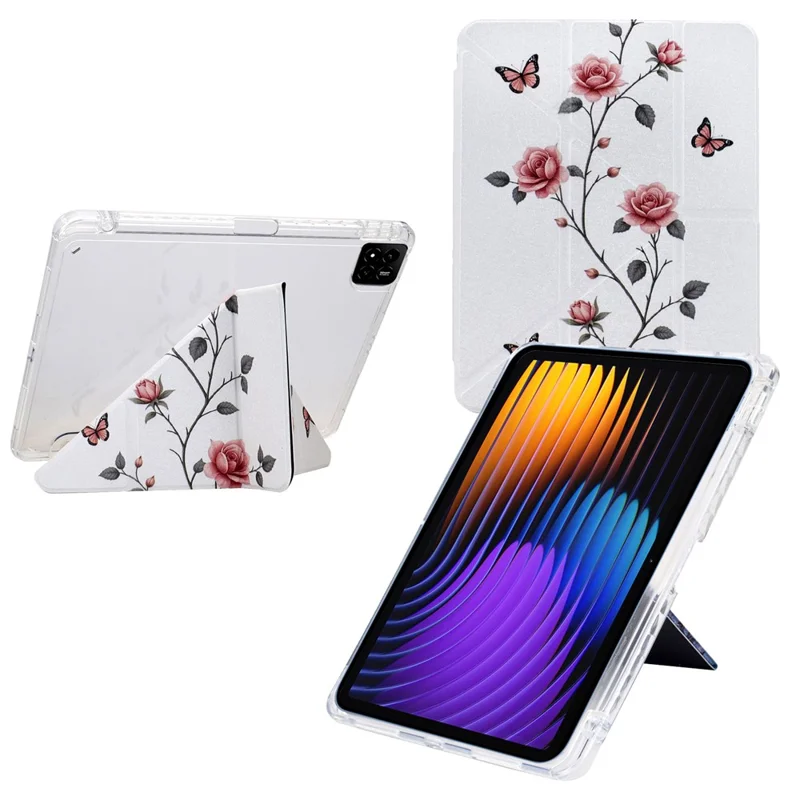 For Xiaomi Pad 7 / Pad 7 Pro Case Y-Fold Stand Pattern Print Leather + Clear Acrylic Tablet Cover with Pencil Holder - Rose Butterfly