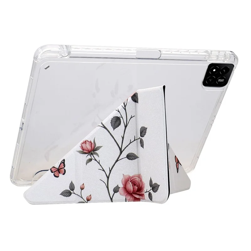 For Xiaomi Pad 7 / Pad 7 Pro Case Y-Fold Stand Pattern Print Leather + Clear Acrylic Tablet Cover with Pencil Holder - Rose Butterfly