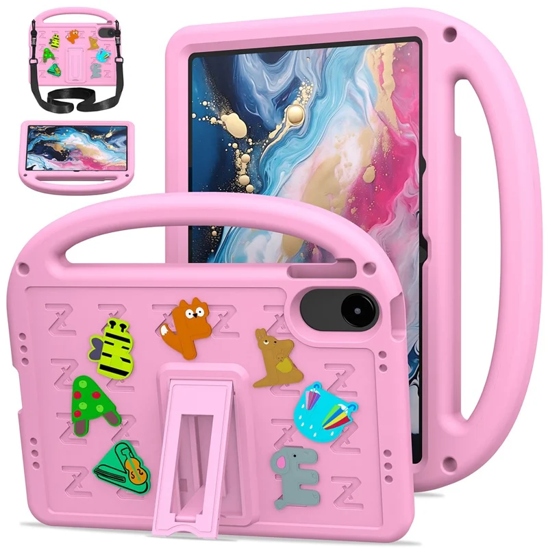 For Xiaomi Redmi Pad 2 11 Kickstand Case Cartoon Design Anti-Drop EVA+PC Tablet Cover with Strap for Kids - Pink
